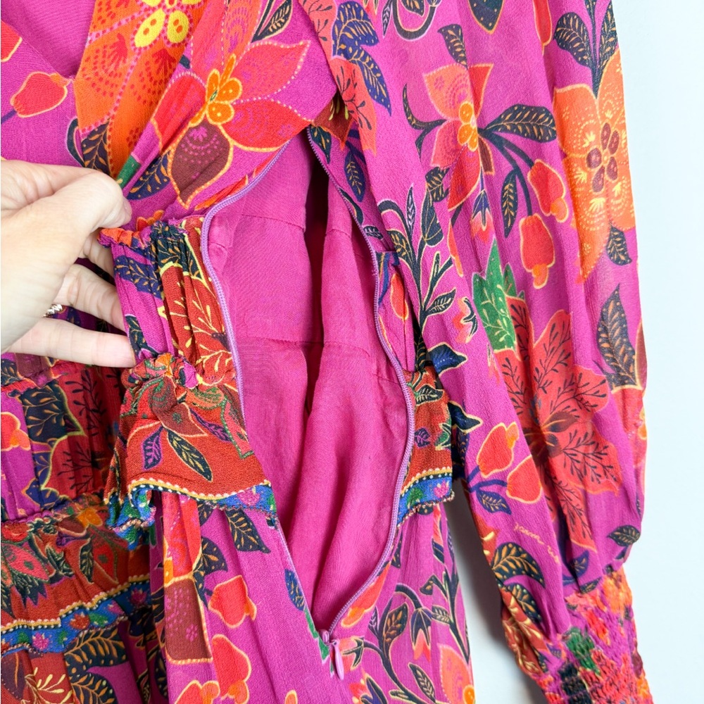 Farm Rio Tropical Tapestry Mini Dress Long Sleeve Floral Pink Size Medium - Picture 15 of 16
